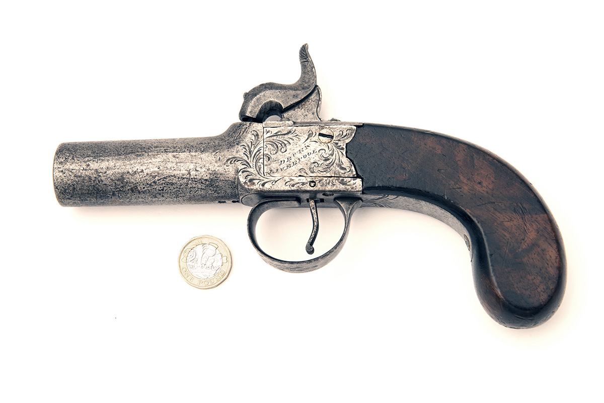 DRURY, LIVERPOOL A RARE OVERSIZED 10-BORE PERCUSSION POCKET-PISTOL, no visible serial number, - Image 2 of 3