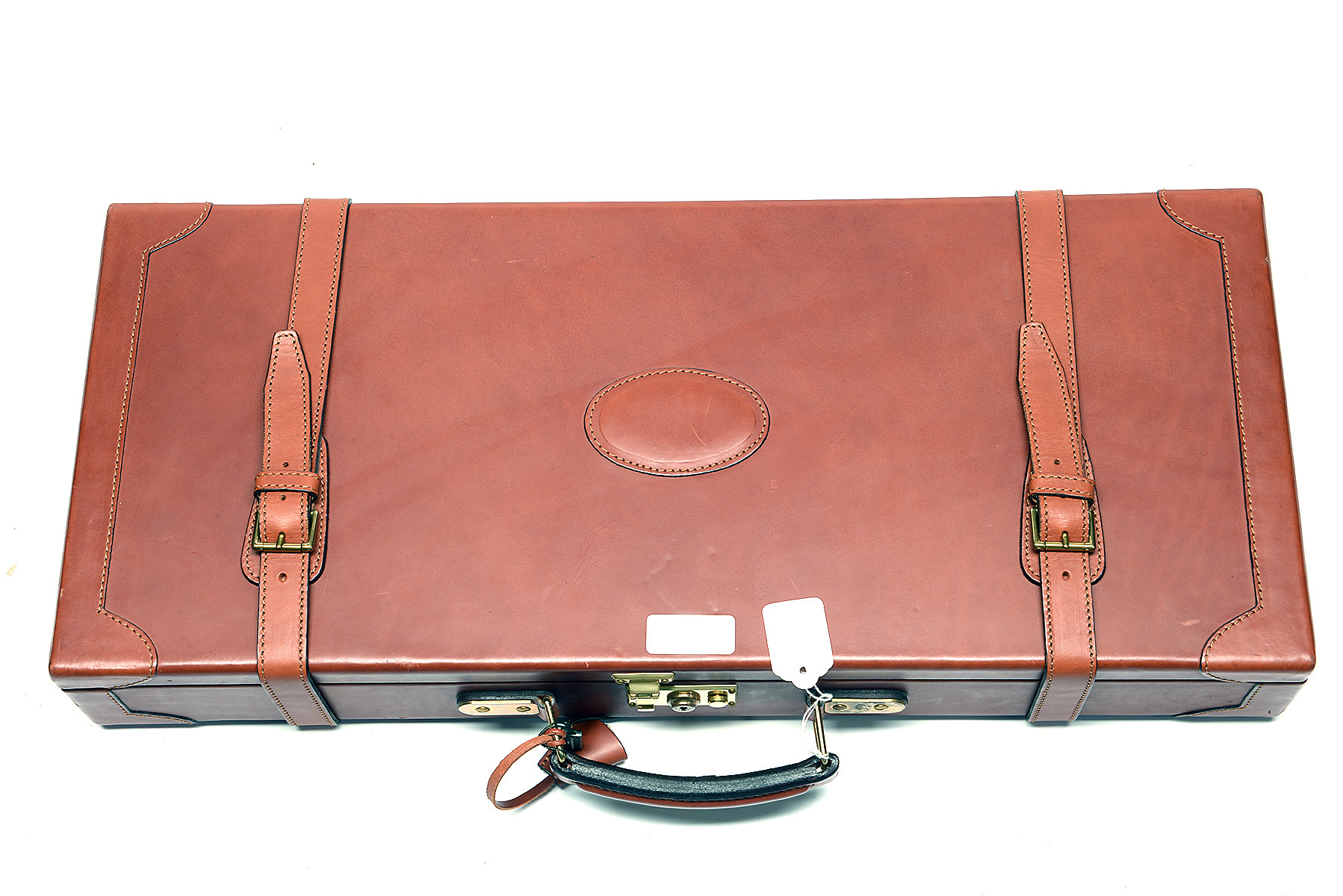 A VIRTUALLY NEW AND UNUSED ALEXANDRE MAREUIL TAN LEATHER GUNCASE FOR A DOUBLE RIFE, fitted for 24in.