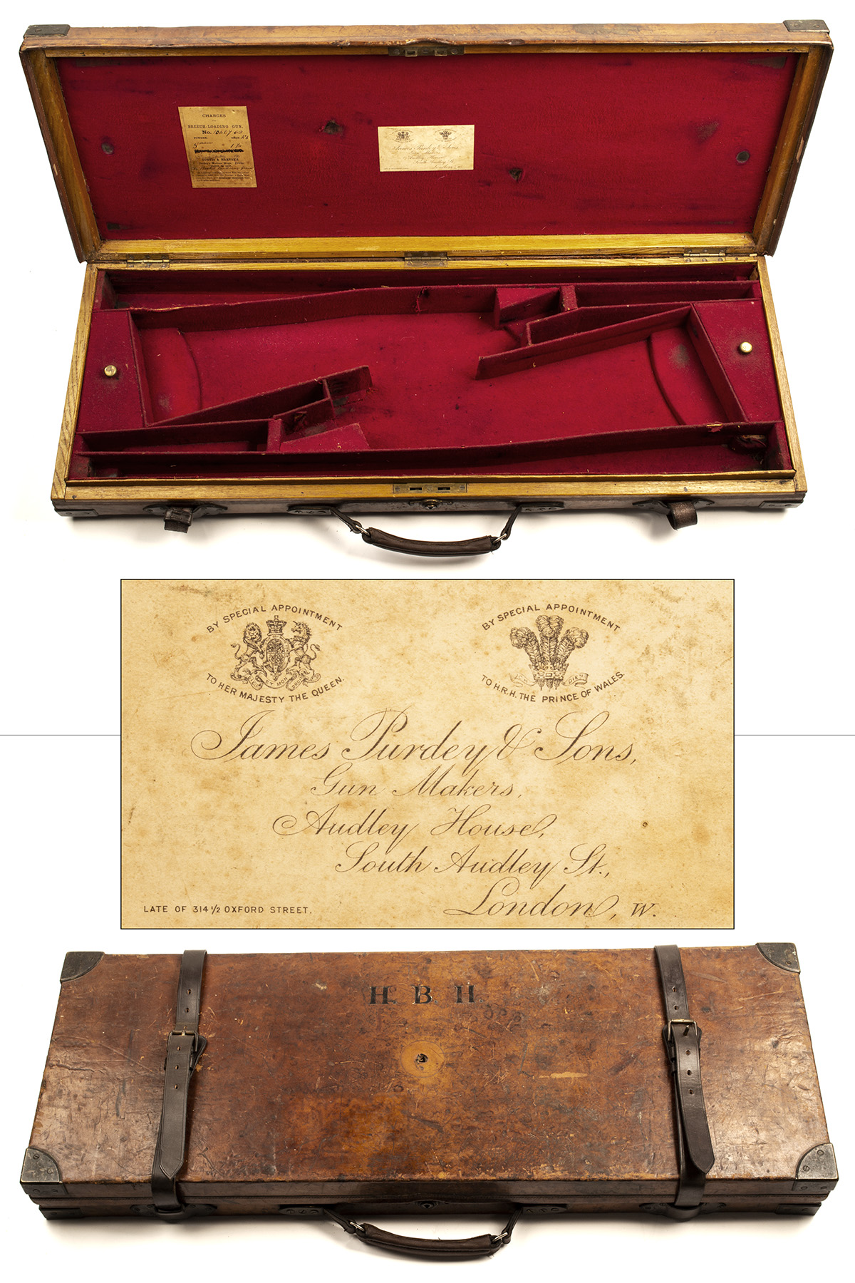 JAMES PURDEY & SONS - A BRASS-CORNERED OAK AND LEATHER DOUBLE GUNCASE