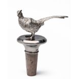 BSE PRODUCTS A SILVER-TOPPED PHEASANT CORK BOTTLE STOPPER, London 925 silver hallmarks for 1977,