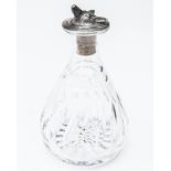 J.B. CHATTERLEY & SONS LTD. A GLASS CONDIMENT BOTTLE WITH STERLING SILVER FOX HEAD CORK STOPPER,