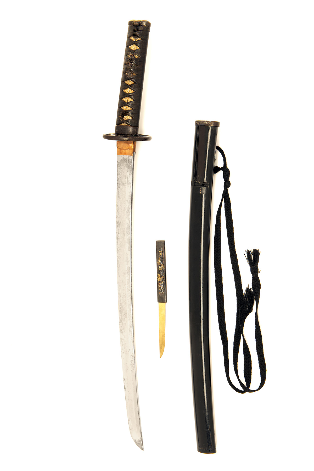 A JAPANESE WAKIZASHI, probably early 18th century, with 18 1/4in. curved and re-polished blade (some