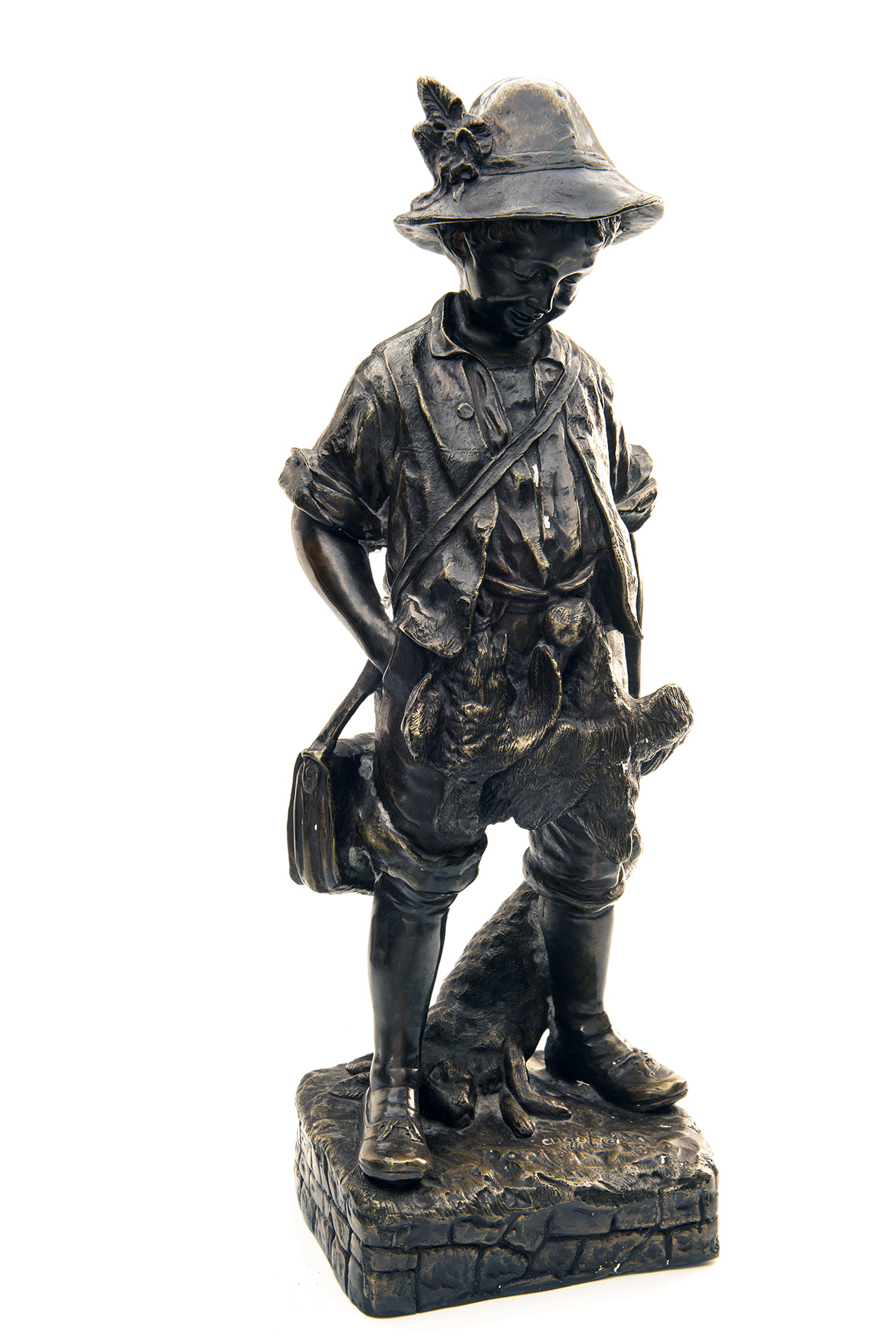 A BRONZE OF A SMALL BAVARIAN BOY RETURNING FROM A HUNT, standing approx. 21in. tall, with his game
