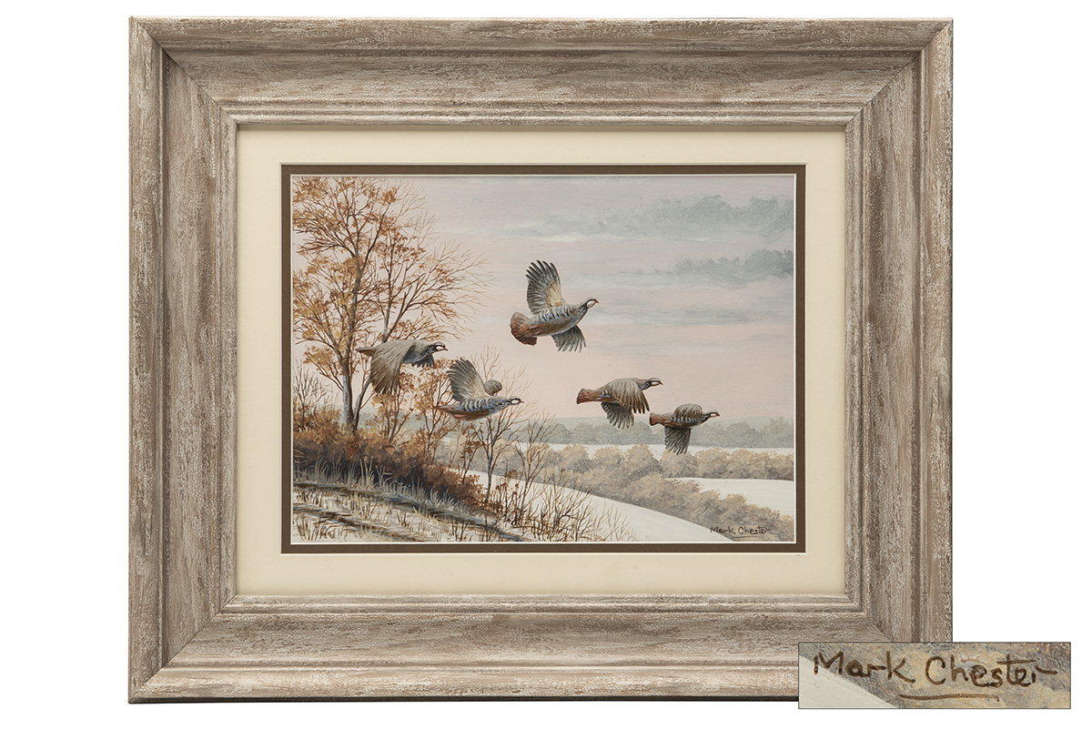 MARK CHESTER (F.W.A.S.) 'TAKING FLIGHT' RED LEGGED PARTRIDGES, an original painting signed by the