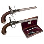 DAYKIN, LONDON A CASED PAIR OF 20-BORE FLINTLOCK 'QUEEN ANNE' PISTOLS, no visible serial numbers,