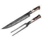 A DAMASCUS STEEL CARVING KNIFE AND FORK SET, with antler handles