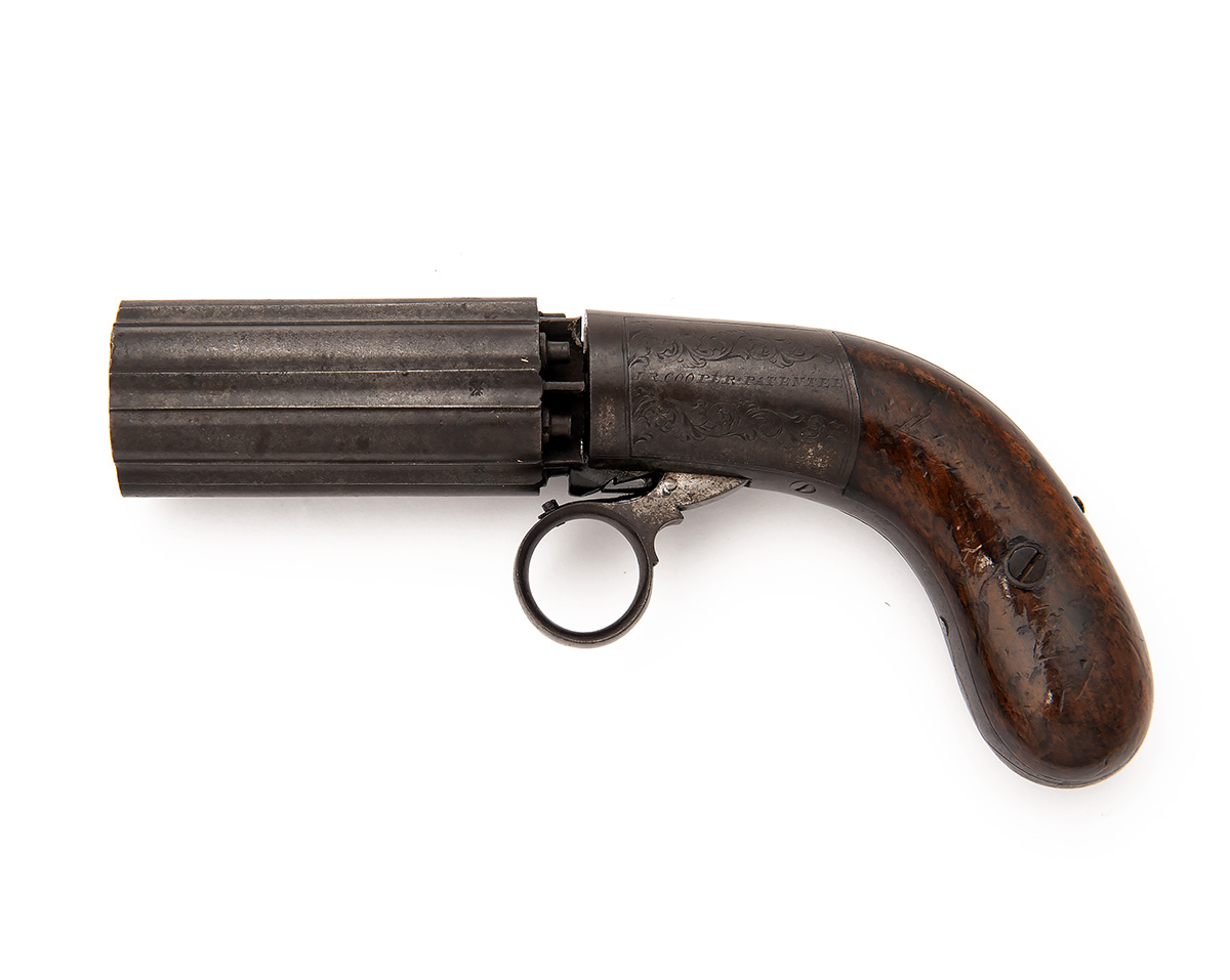 AN 80-BORE PERCUSSION PEPPERBOX REVOLVER SIGNED 'J.R. COOPER, PATENTEE', no visible serial number, - Image 2 of 3