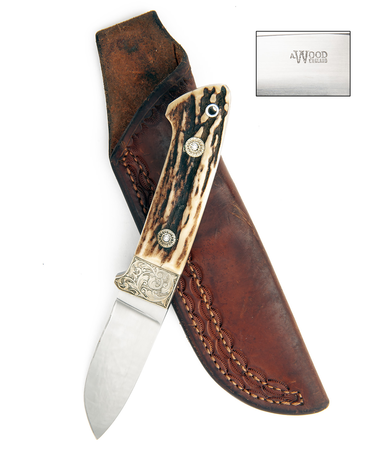 ALAN WOOD, ENGLAND A STAG-HILTED SPORTING-KNIFE, with polished drop-point 3 1/2in. fixed blade