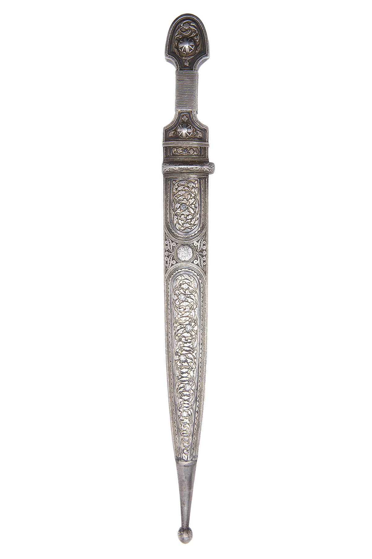 A WHITE-METAL MOUNTED KINJAL, Russian and dated for 1901, with 12 1/2in. double-edged spear-point