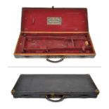 WILLIAM EVANS A BRASS-CORNERED OAK AND LEATHER DOUBLE GUNCASE WITH PROVISION FOR EXTRA BARRELS,