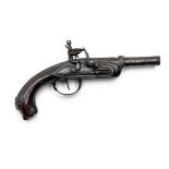 A 28-BORE FLINTLOCK OVERCOAT PISTOL SIGNED 'MOLET', no visible serial number, probably French or