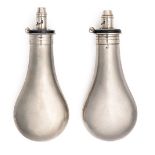 SYKES A RARE COMPOSED PAIR OF NICKEL-PLATED POWDER-FLASKS, circa 1840, with plain bodies and