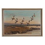 MACKENZIE THORPE AN OIL ON CANVAS - 'A VIEW OVER SHEP WHITES' depicting seven mallard drakes and