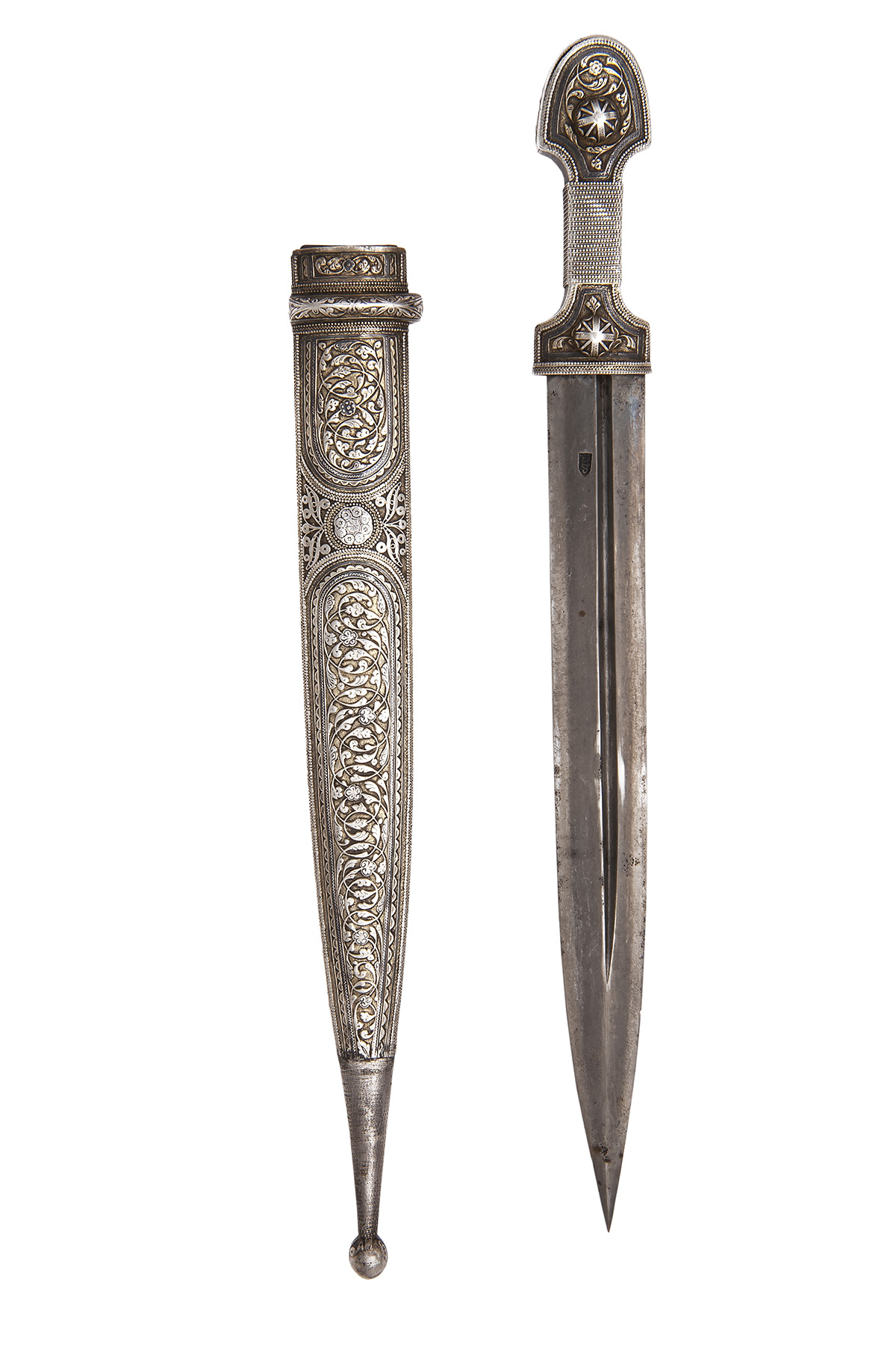 A WHITE-METAL MOUNTED KINJAL, Russian and dated for 1901, with 12 1/2in. double-edged spear-point - Image 2 of 5