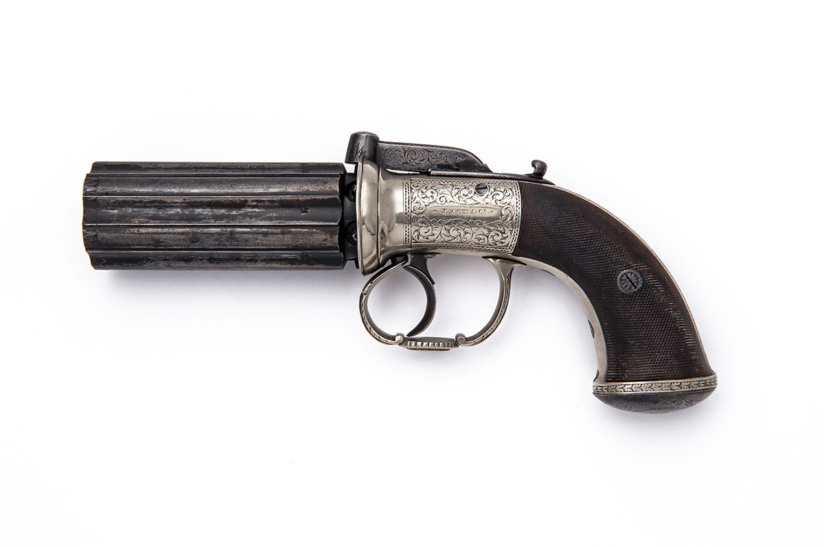 LACY & CO, LONDON A GOOD 60-BORE PERCUSSION PEPPERBOX REVOLVER WITH PAKTONG ACTION, no visible