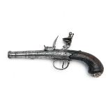 W. MANSELL, LONDON A 40-BORE FLINTLOCK CANNON-BARRELLED RIFLED POCKET-PISTOL WITH WHITE METAL