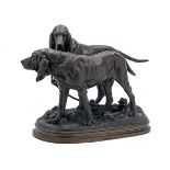 P. LECOURTIER A FRENCH PATINATED BRONZE GROUP OF TWO HOUNDS, ENTITLED 'DEUX CHIENS DE CHASSE