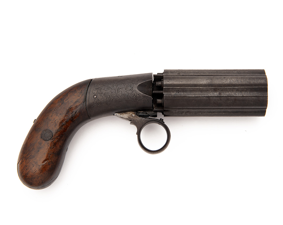 AN 80-BORE PERCUSSION PEPPERBOX REVOLVER SIGNED 'J.R. COOPER, PATENTEE', no visible serial number,