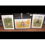 Three comical French hunting prints - signed by th