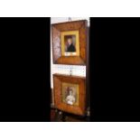 Pair of miniature portraits in birds-eye maple frames