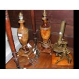 A pair of ornate table lamps, microscope, etc.