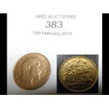 A 1908 gold half sovereign coin