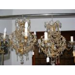 A pair of French three branch ceiling chandeliers with gla