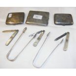 Silver sugar tongs, cigarette case, silver bladed