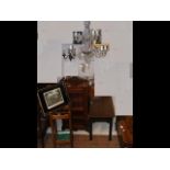 An oak stick stand, oak table, music cabinet,