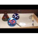Two Caithness paperweights, perfume bottle, etc.