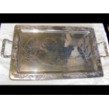 A Chinese white metal two handled serving tray wit