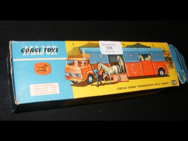 A boxed Corgi Circus Horse Transporter with Horses