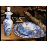 A blue and white meat plate, oriental vase converted to lamp etc