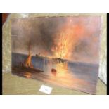 E W ANDERSON - an oil on board of ship ablaze - 20