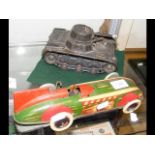 Tinplate toy tank and racing car