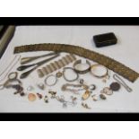 A box of costume jewellery, glove stretchers, etc.