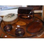 Inlaid two handled serving tray, together with foo