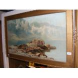 An oil on canvas of rocky coastal scene - signed H