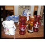 Mary Gregory cranberry glass vases, stone jug, etc