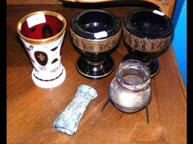 A pair of blue glass vases, together with a Roman