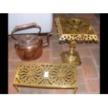 Antique brass trivet, copper kettle