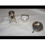 A silver salt, napkin ring and pepperette