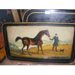 Two hand painted trays, together with two others