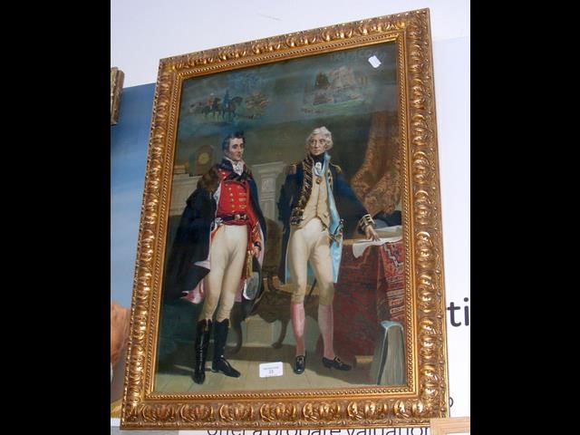 A coloured engraving 'Waterloo and Trafalgar' -