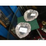 A pair of silver heart shaped pin dishes - 8cm