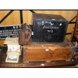 A document box, set of vintage scales etc