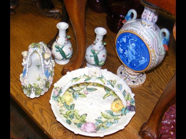 A continental flower encrusted ceramic basket, tog