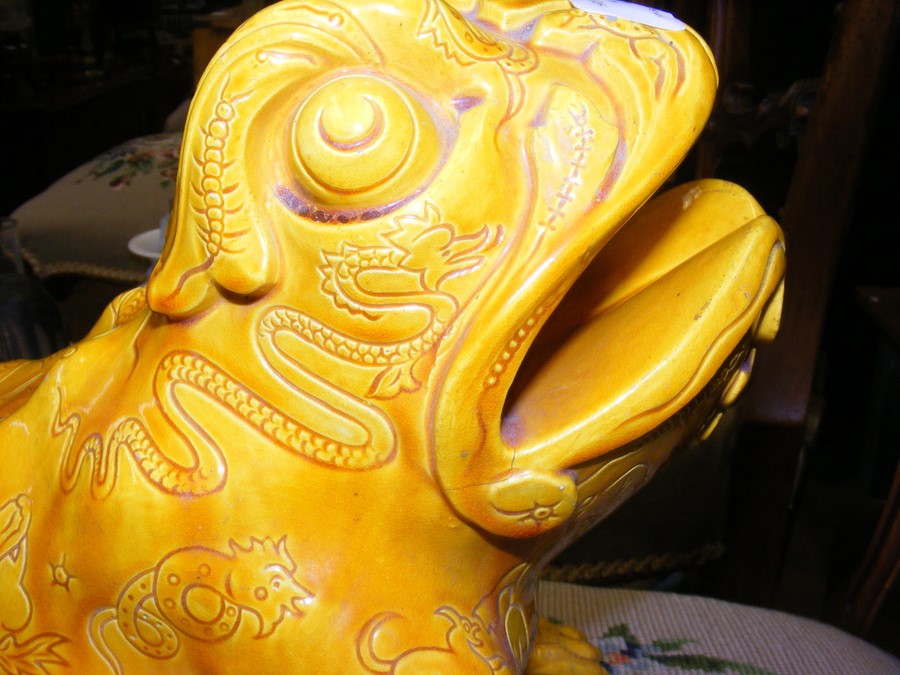 An antique orange glazed frog figure with impresse - Image 4 of 6