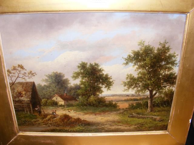 W Yates - Rural scene with cottage and chickens, o