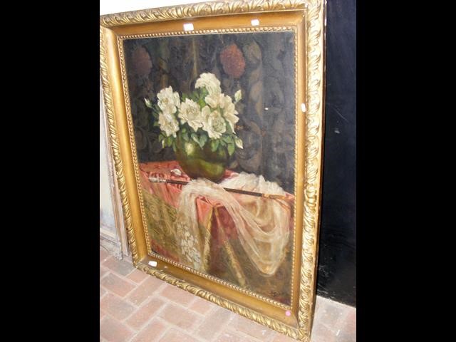 A large still life oil on canvas in gilt frame, si